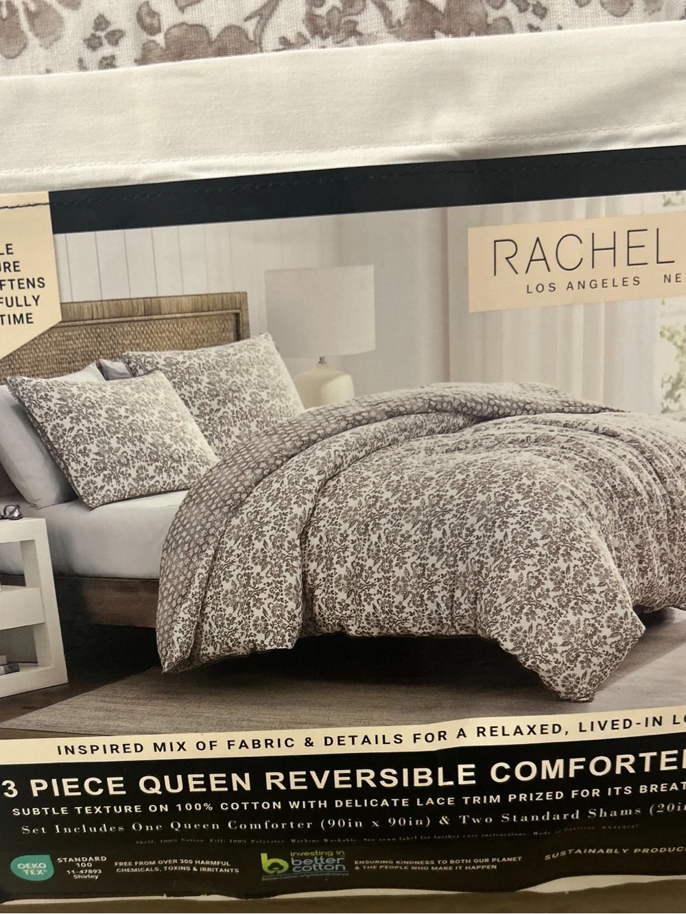 Rachel Ashwell Brown and White Floral Cotton Comforter Set with Lace Trim